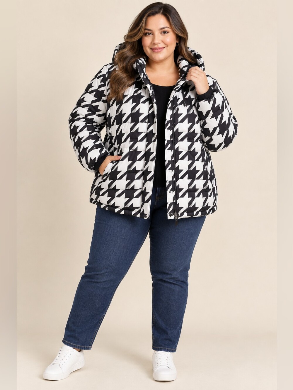 Jaded Glory Black & White Houndstooth Puffer Jacket Plus Size 2X